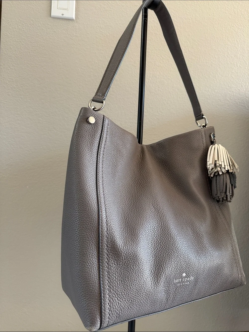 kate spade Gray Pebbled Leather Shoulder Hobo with Tassel